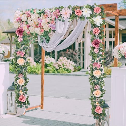 Artificial Flower Garland with Lights, 6.07Ft Lighted Eucalyptus Greenery Garland, Pink Rose Floral Vines for, alternate view