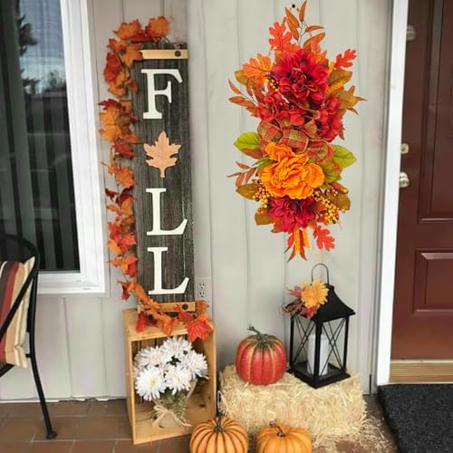 Artificial Flower Peony Fall Artificial Fall Decorative Swag Orange Autumn Floral Swag with Maple Leaves Harvest, alternate