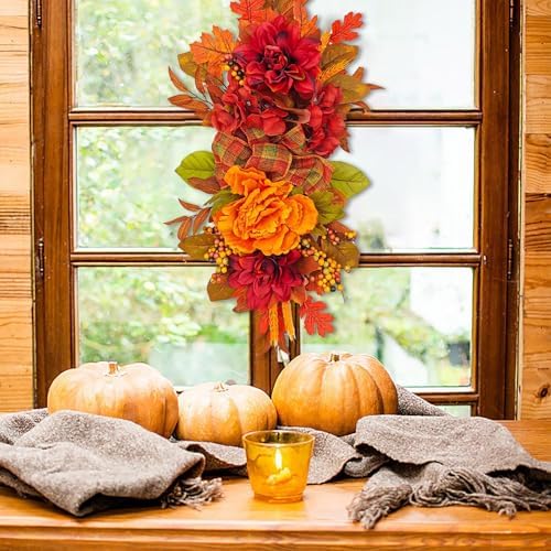 Artificial Flower Peony Fall Artificial Fall Decorative Swag Orange Autumn Floral Swag with Maple Leaves Harvest, alternate