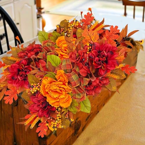 Artificial Flower Peony Fall Artificial Fall Decorative Swag Orange Autumn Floral Swag with Maple Leaves Harvest, alternate