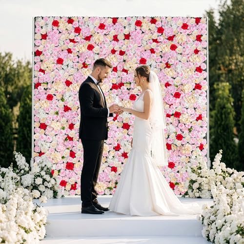 Artificial Flower Wall Backdrop 12-Pack 16"* 24" Pink and Red Artificial Floral and Grass Panels Spring Wedding, alternate