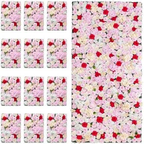 Artificial Flower Wall Backdrop 12-Pack 16"* 24" Pink and Red Artificial Floral and Grass Panels Spring Wedding, alternate