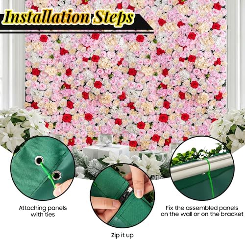 Artificial Flower Wall Backdrop 12-Pack 16"* 24" Pink and Red Artificial Floral and Grass Panels Spring Wedding, alternate