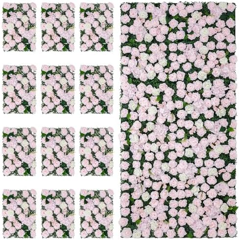 Artificial Flower Wall Backdrop 12-Pack 16"* 24" Pink and White Rose Artificial Floral Panels Spring Wedding, alternate view