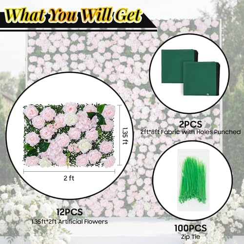 Artificial Flower Wall Backdrop 12-Pack 16"* 24" Pink and White Rose Artificial Floral Panels Spring Wedding, alternate view