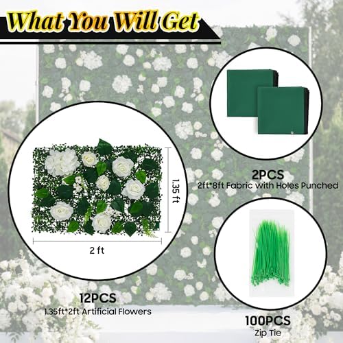 Artificial Flower Wall Backdrop 12-Pack 16"* 24" White Artificial Floral Panels Spring Wedding Home Valentine's, alternate