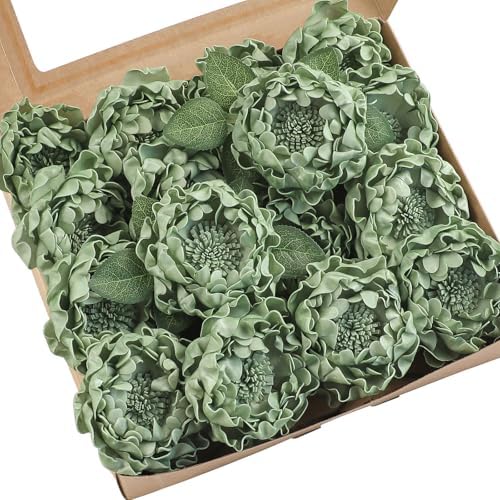 Artificial Flowers 16pcs 4" Elf Green Blooming Peonies Real Looking Foam Fake Peony with Stems for DIY Wedding