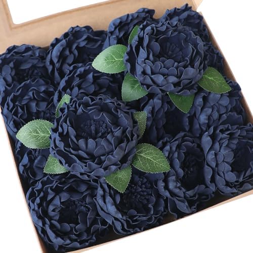Artificial Flowers 16pcs 4" Navy Blue Blooming Peonies Real Looking Foam Fake Peony with Stems for DIY Wedding