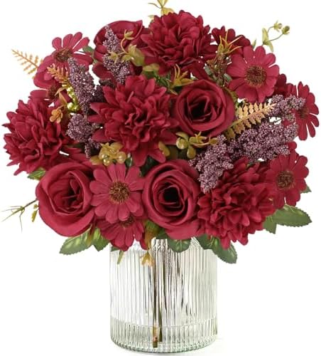Artificial Flowers 2 Bundles Burgundy Fake Roses Silk Bouquets in Burgundy