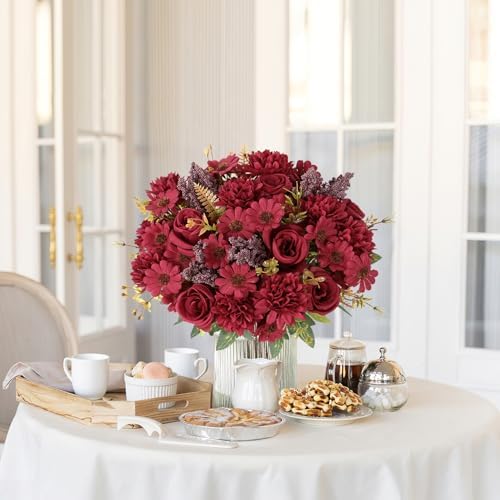 Artificial Flowers 2 Bundles Burgundy Fake Roses Silk Bouquets in Burgundy, alternate view 2