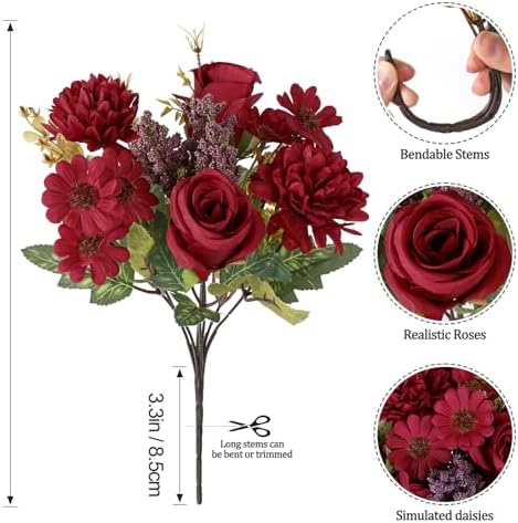 Artificial Flowers 2 Bundles Burgundy Fake Roses Silk Bouquets in Burgundy, alternate view 3