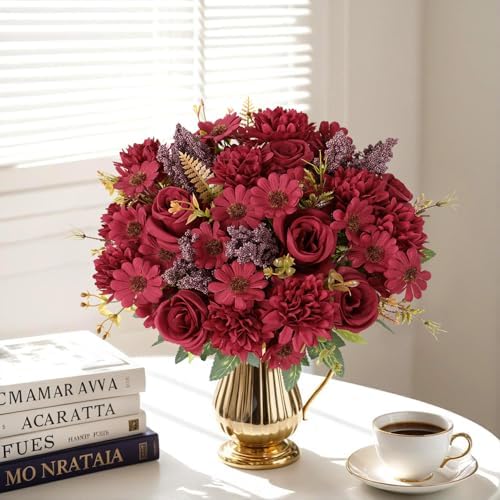 Artificial Flowers 2 Bundles Burgundy Fake Roses Silk Bouquets in Burgundy, alternate view 5
