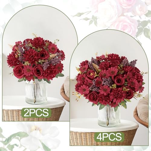 Artificial Flowers 2 Bundles Burgundy Fake Roses Silk Bouquets in Burgundy, alternate view 6