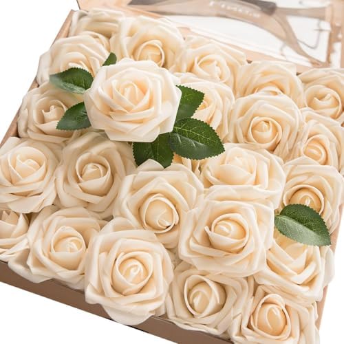 Artificial Flowers 25Pcs Cream Roses Decor w/Stems in Wht- Cream