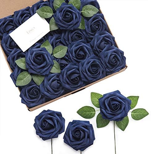 Artificial Flowers 25Pcs Deep Navy Blue Roses Decor w/Stems in Blu- Navy Blue