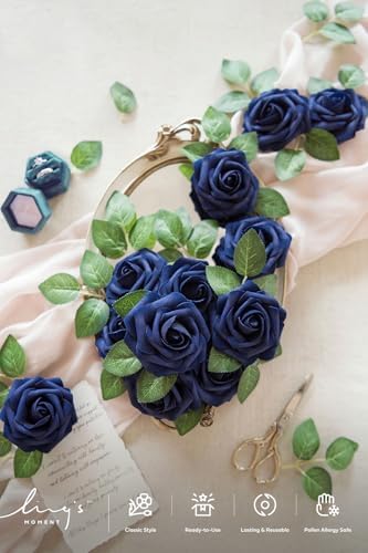 Artificial Flowers 25Pcs Deep Navy Blue Roses Decor w/Stems in Blu- Navy Blue, alternate view 3