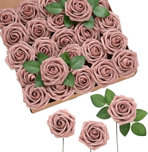 Artificial Flowers 25Pcs Dusty Rose Roses Decor w/Stems in Pk- Dusty Rose