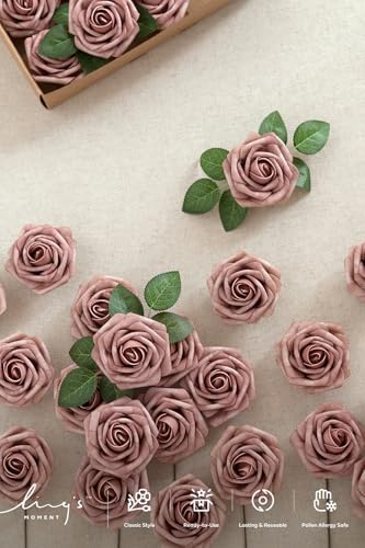 Artificial Flowers 25Pcs Dusty Rose Roses Decor w/Stems in Pk- Dusty Rose, alternate view 2