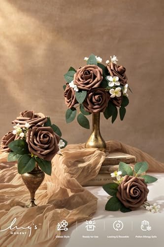 Artificial Flowers 25Pcs Earth Brown Roses Decor w/Stems in Br-earth Brown, alternate view 3