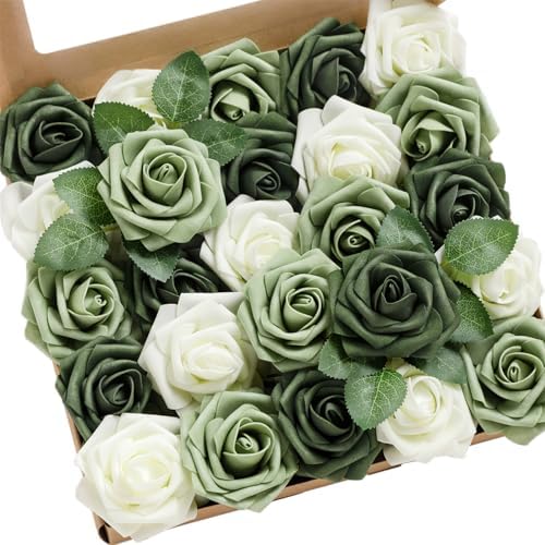 Artificial Flowers 25Pcs Emerald Green Roses Decor w/Stems in Gn- Emerald & Sage Green