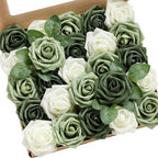 Artificial Flowers 25Pcs Emerald Green Roses Decor w/Stems in Gn- Emerald & Sage Green