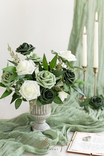 Artificial Flowers 25Pcs Emerald Green Roses Decor w/Stems in Gn- Emerald & Sage Green, alternate view 2