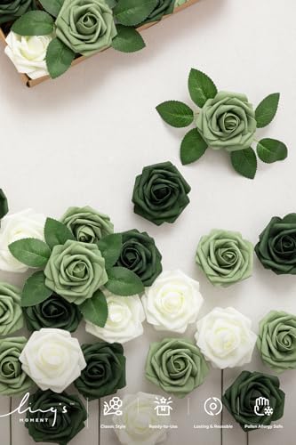 Artificial Flowers 25Pcs Emerald Green Roses Decor w/Stems in Gn- Emerald & Sage Green, alternate view 3