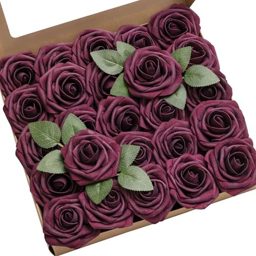 Artificial Flowers 25Pcs Marsala Roses Decor w/Stems in Rd-marsala