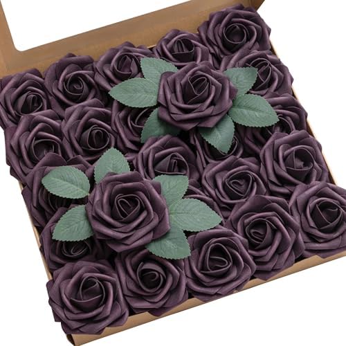 Artificial Flowers 25Pcs Plum Lily Roses Decor w/Stems in Pr-plum Lily