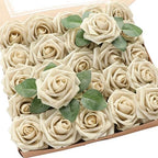 Artificial Flowers 25pcs Real Looking Beige Foam Fake Roses with Stems for DIY Wedding Bouquets Bridal Shower