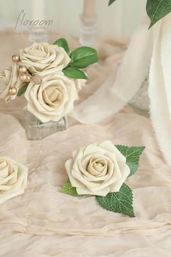 Artificial Flowers 25pcs Real Looking Beige Foam Fake Roses with Stems for DIY Wedding Bouquets Bridal Shower, alternate view
