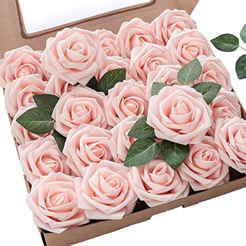Artificial Flowers 25pcs Real Looking Blush Foam Fake Roses with Stems for DIY Wedding Bouquets Bridal Shower