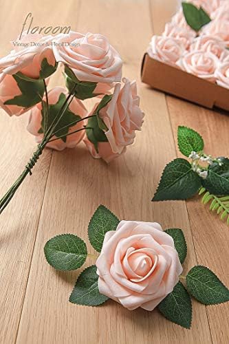 Artificial Flowers 25pcs Real Looking Blush Foam Fake Roses with Stems for DIY Wedding Bouquets Bridal Shower, alternate view