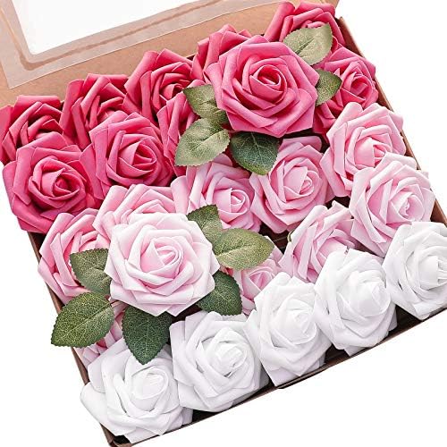 Artificial Flowers 25pcs Real Looking Blush Pink Ombre Colors Foam Fake Roses with Stems for DIY Wedding