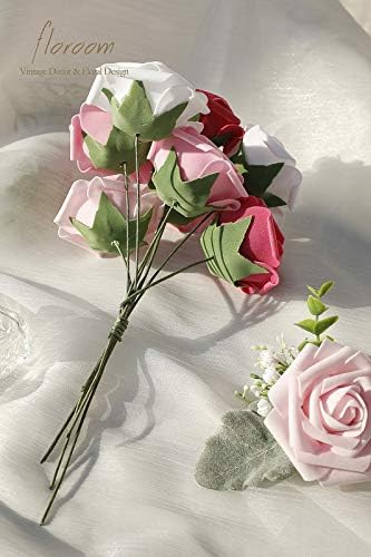 Artificial Flowers 25pcs Real Looking Blush Pink Ombre Colors Foam Fake Roses with Stems for DIY Wedding, alternate view 6