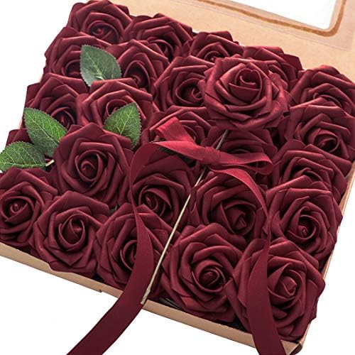 Artificial Flowers 25pcs Real Looking Burgundy Foam Fake Roses with Stems for DIY Wedding Bouquets Red Bridal