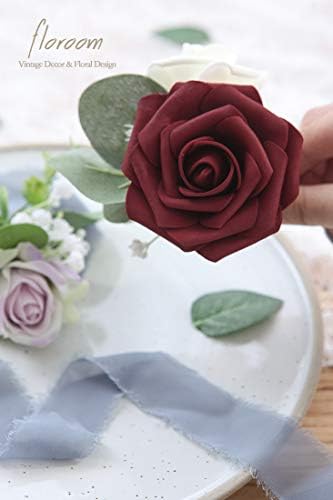 Artificial Flowers 25pcs Real Looking Burgundy Foam Fake Roses with Stems for DIY Wedding Bouquets Red Bridal, alternate view