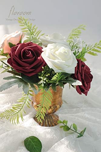 Artificial Flowers 25pcs Real Looking Burgundy Foam Fake Roses with Stems for DIY Wedding Bouquets Red Bridal, alternate view