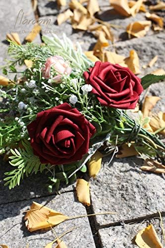 Artificial Flowers 25pcs Real Looking Burgundy Foam Fake Roses with Stems for DIY Wedding Bouquets Red Bridal, alternate view