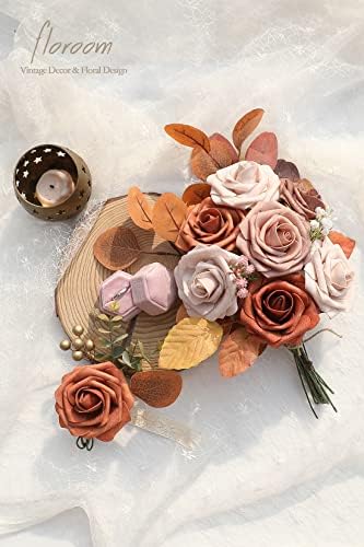 Artificial Flowers 25pcs Real Looking Burnt Orange Ombre Colors Foam Fake Roses with Stems for DIY Wedding, alternate view 5