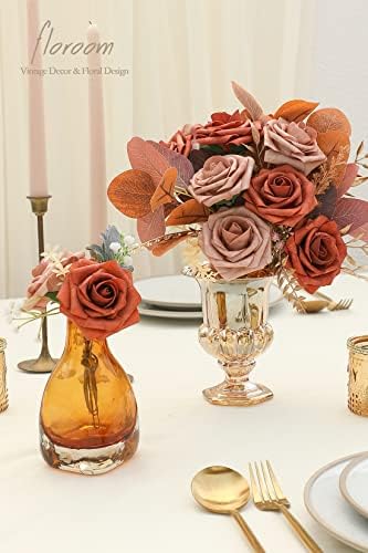 Artificial Flowers 25pcs Real Looking Burnt Orange & Warm Taupe Foam Fake Roses with Stems for DIY Wedding, alternate view 2