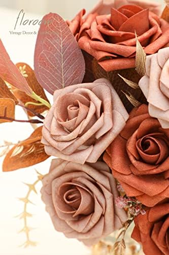 Artificial Flowers 25pcs Real Looking Burnt Orange & Warm Taupe Foam Fake Roses with Stems for DIY Wedding, alternate view 5