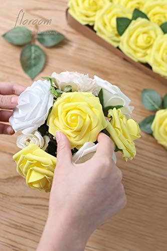 Artificial Flowers 25pcs Real Looking Canary Yellow Foam Fake Roses with Stems for DIY Wedding Bouquets Baby, alternate view