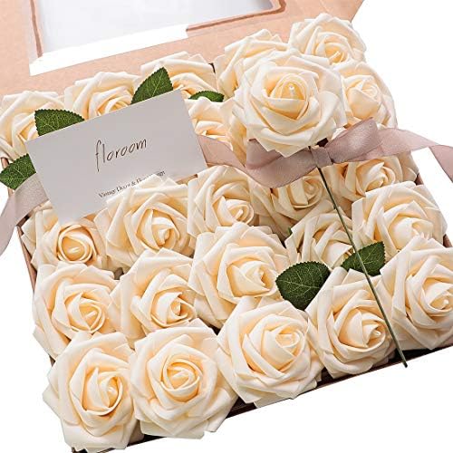 Artificial Flowers 25pcs Real Looking Champagne Foam Fake Roses with Stems for DIY Wedding Bouquets Bridal