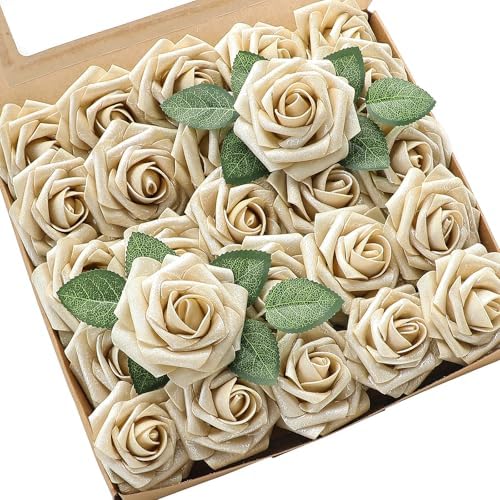 Artificial Flowers 25pcs Real Looking Champagne Gold Foam Fake Roses with Stems for DIY Wedding Bouquets Bridal