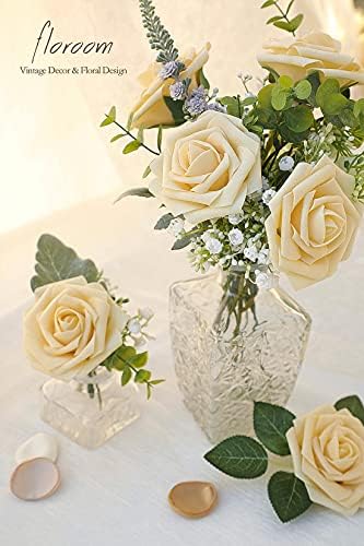 Artificial Flowers 25pcs Real Looking Creamy Yellow Foam Fake Roses with Stems for DIY Wedding Bouquets Bridal, alternate