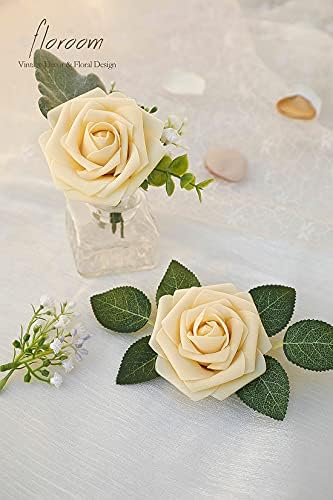 Artificial Flowers 25pcs Real Looking Creamy Yellow Foam Fake Roses with Stems for DIY Wedding Bouquets Bridal, alternate
