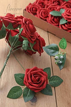 Artificial Flowers 25pcs Real Looking Dark Red Foam Fake Roses with Stems for DIY Wedding Bouquets Bridal Shower, alternate