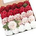 Artificial Flowers 25pcs Real Looking Dark Red Ombre Colors Foam Fake Roses with Stems for DIY Wedding Bouquets