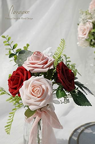 Artificial Flowers 25pcs Real Looking Dark Red Ombre Colors Foam Fake Roses with Stems for DIY Wedding Bouquets, alternate